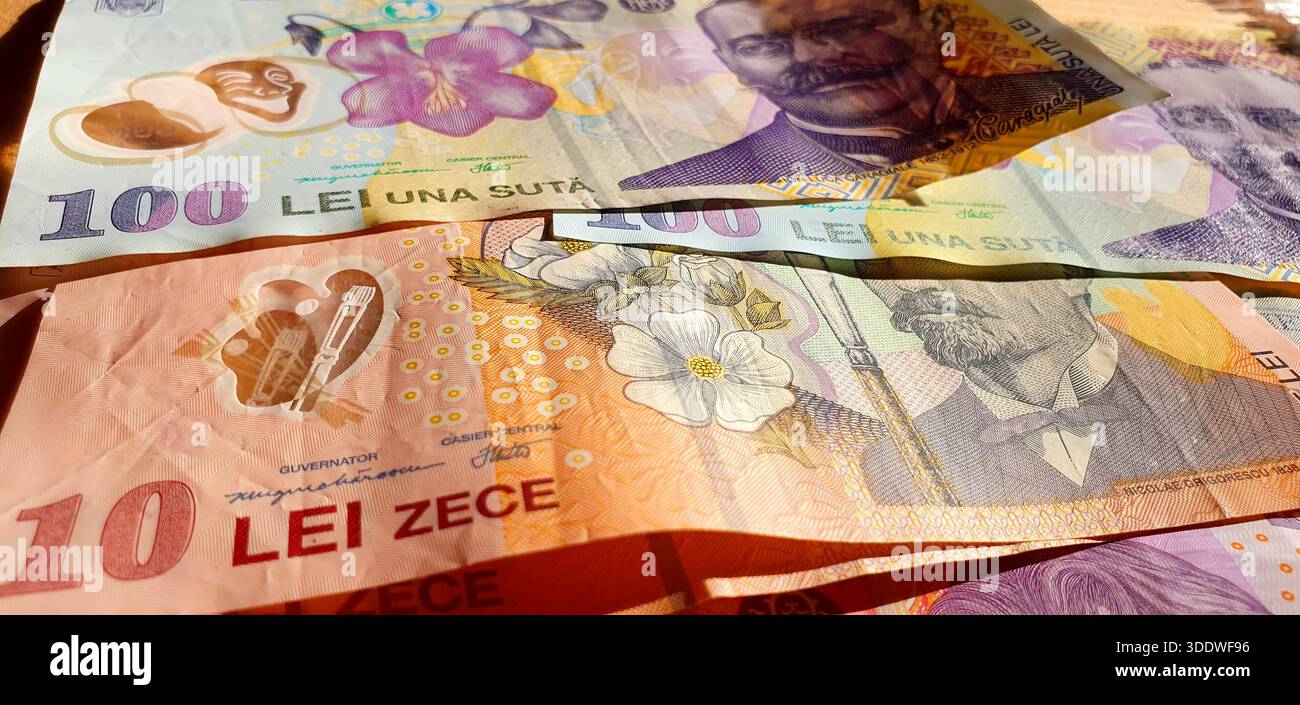 Gros plan de l'argent roumain. Les notes présentent des symboles culturels et nationaux associés à la Roumanie Banque D'Images