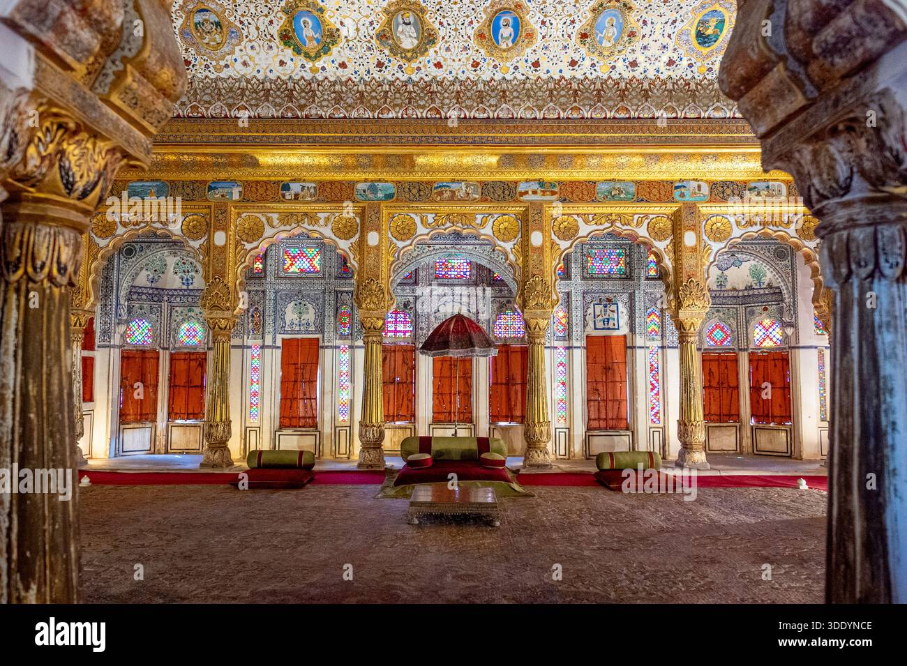 Le Phool Mahal (salle des fleurs) au fort de Mehrangarh, Jodhpur, Inde, sans peuple Banque D'Images