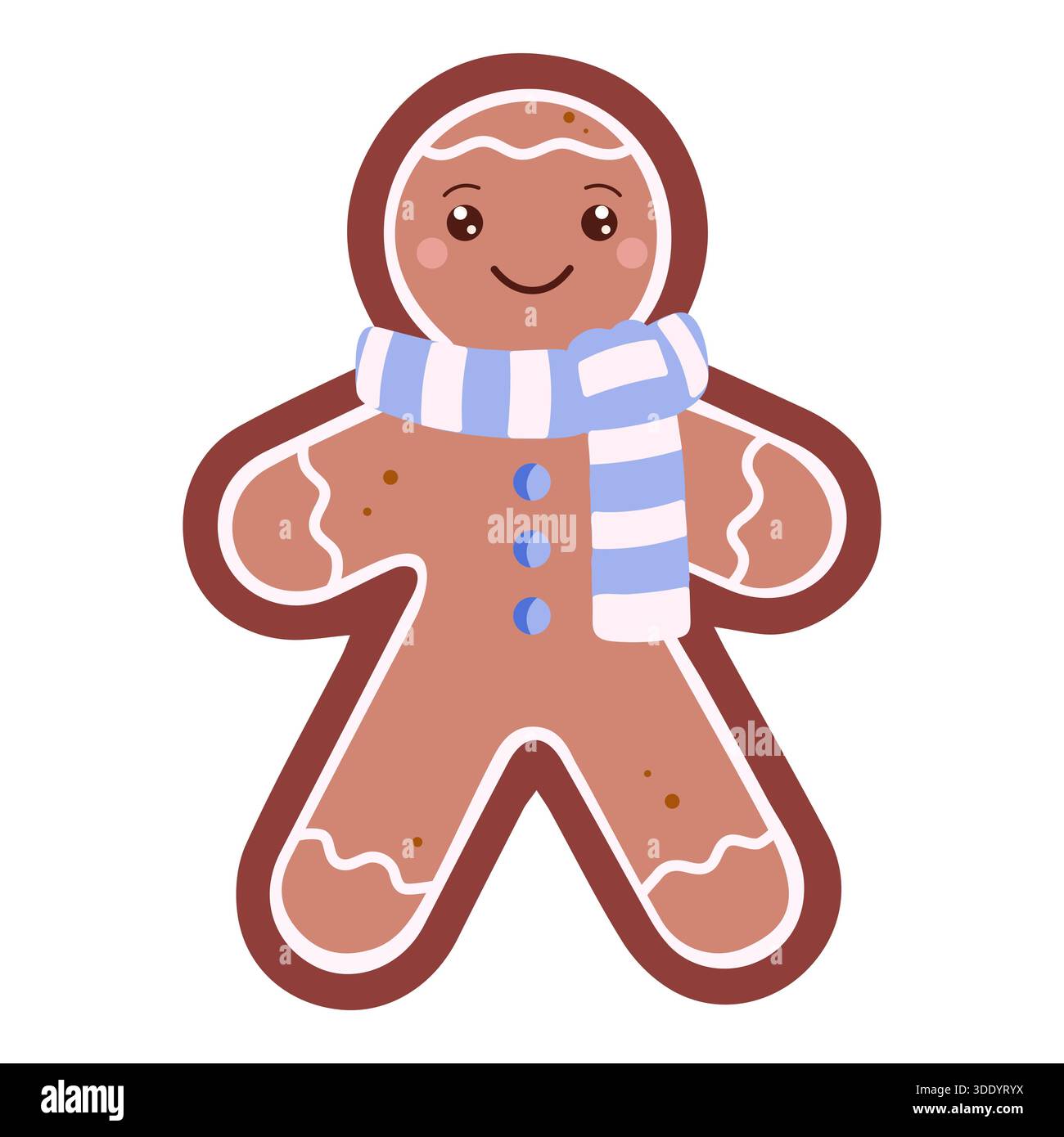 Un charmant et heureux personnage de cookie homme en pain d'épice, décoré de glaçage blanc, boutons bleus, et une écharpe rayée bleue et blanche confortable, brun souriant Illustration de Vecteur