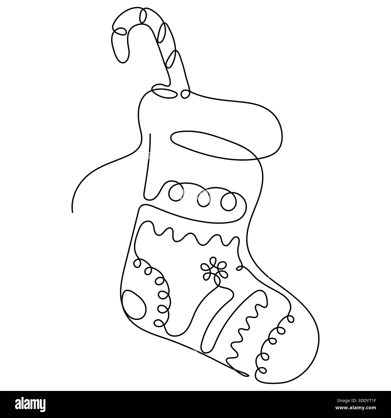 Dessin minimaliste d'une ligne d'un bas de Noël rempli d'une canne à bonbons et décoré de motifs floraux et de volutes abstraits. Simple él Illustration de Vecteur
