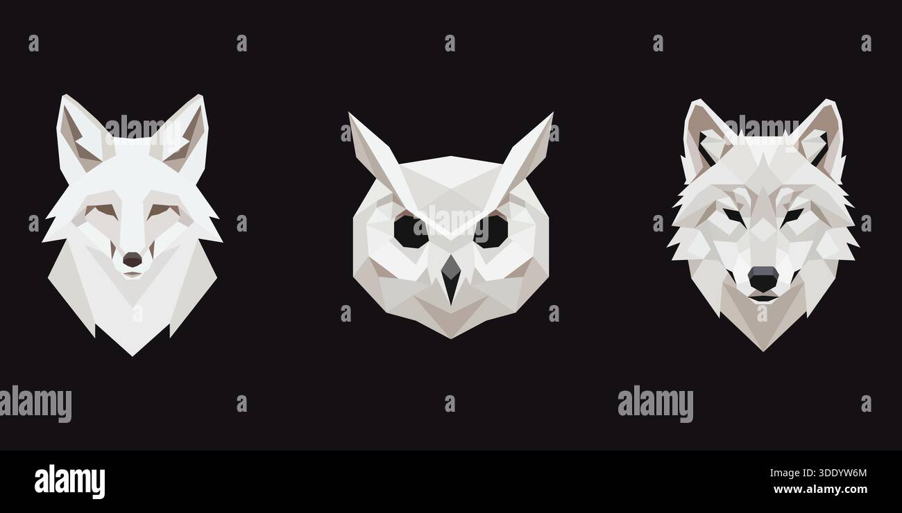 Illustration minimaliste low-poly représentant la tête d'un renard, d'un hibou et d'un loup. Cet ensemble d'art géométrique blanc sur un fond noir représente moder Illustration de Vecteur