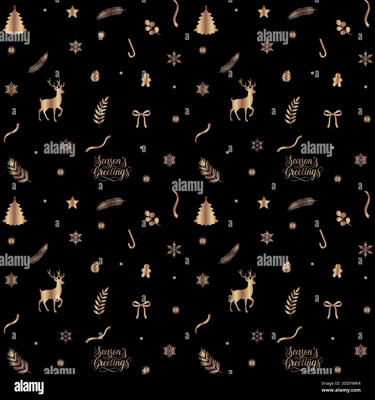 Un motif opulent et festif sans couture mettant en vedette diverses icônes de Noël métalliques dorées, y compris des cerfs, des noeuds, des flocons de neige et du feuillage des fêtes, définir aga Illustration de Vecteur