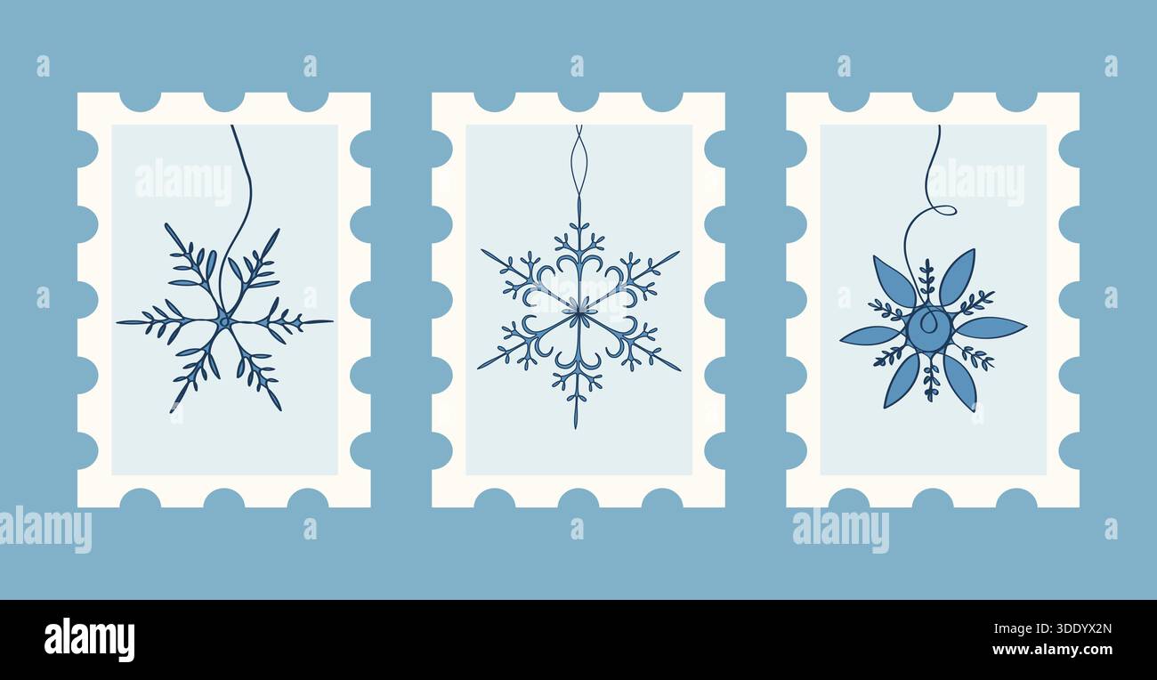 Une illustration vectorielle sur le thème de l'hiver avec trois motifs de flocon de neige bleu uniques affichés dans la forme de timbres-poste décoratifs, parfait pour Illustration de Vecteur