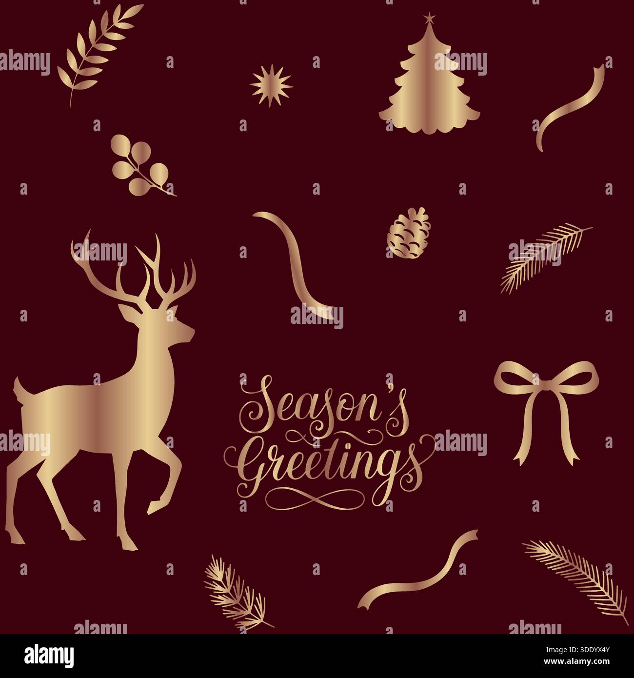 Un somptueux motif de Noël sans couture composé d'un mélange d'éléments dorés scintillants de Noël, notamment des rennes, des noeuds et des arbres stylisés, éparpillés Illustration de Vecteur