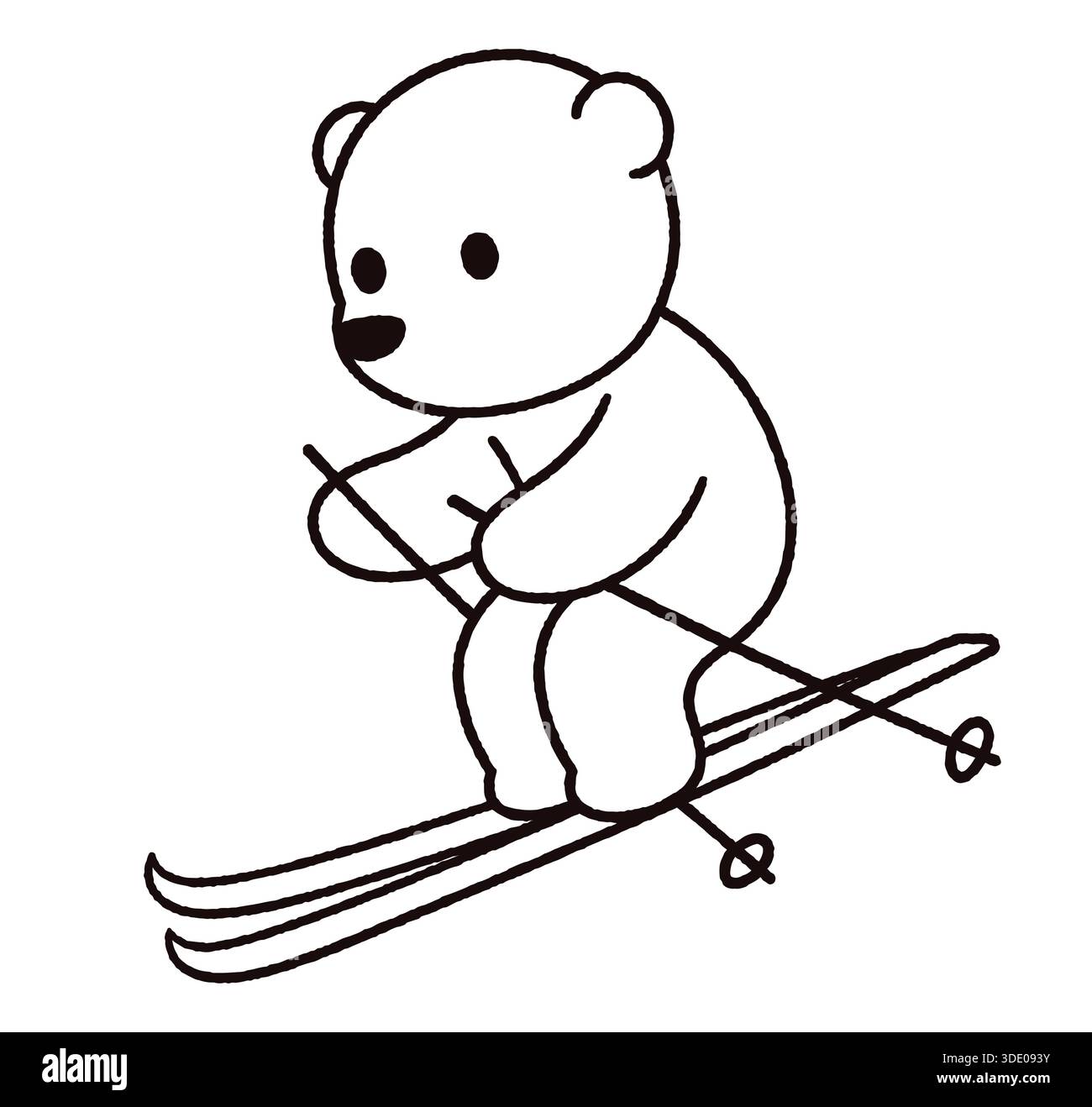 Dessin d'ours de ski de dessin animé mignon. Ligne noire et blanche dessinée à la main Personnage drôle de sports d'hiver, illustration vectorielle simple. Illustration de Vecteur