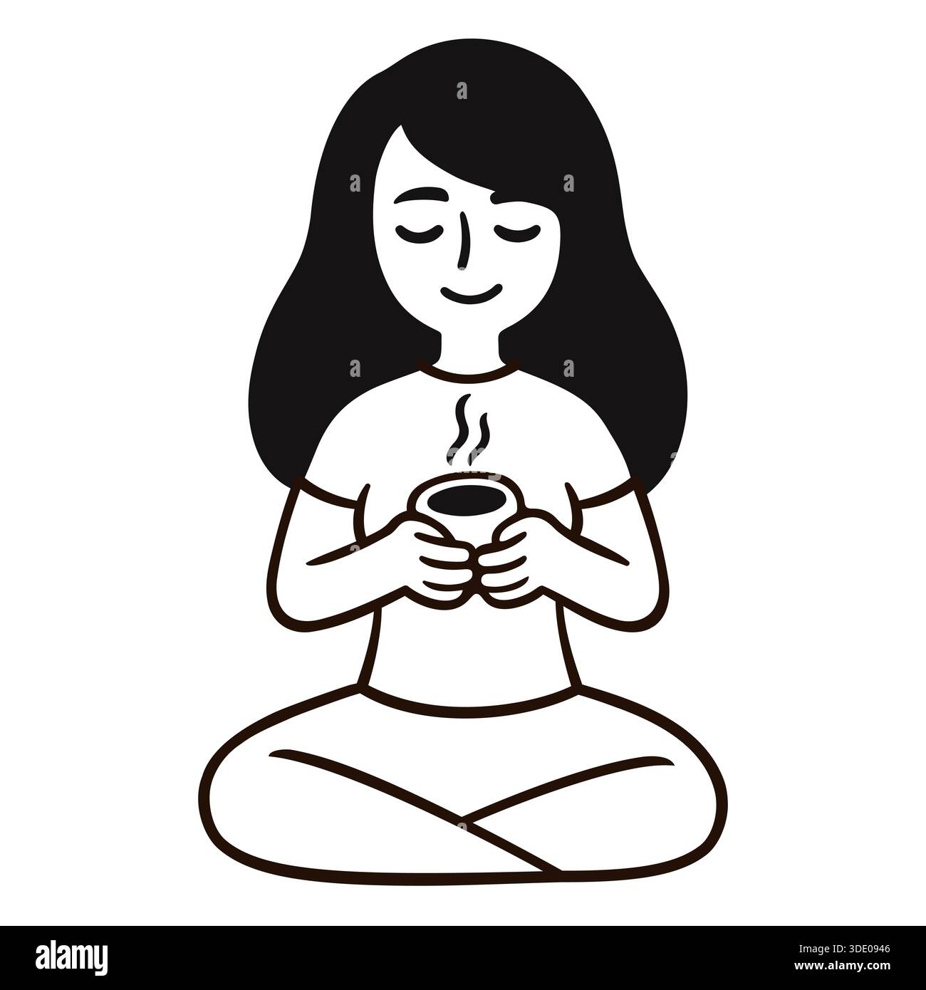 Simple doodle de fille mignonne assise les jambes croisées et tenant une tasse de thé ou de café chaud. Dessin noir et blanc, illustration vectorielle. Illustration de Vecteur