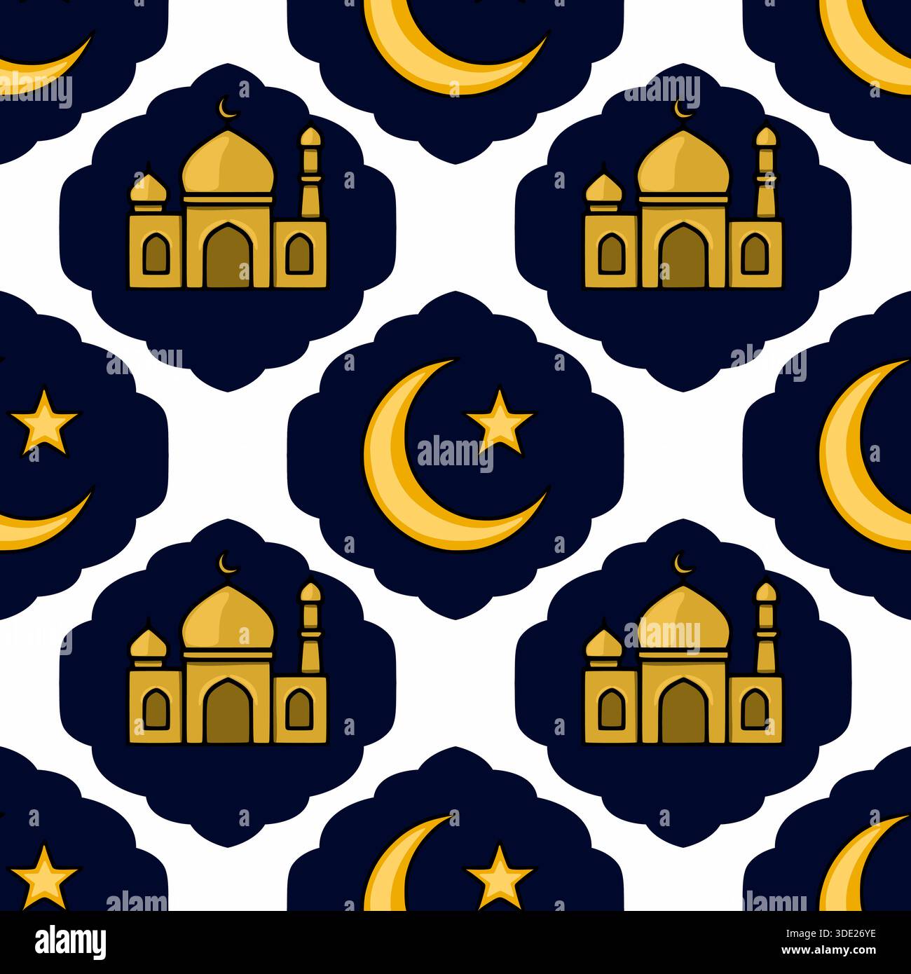 Motif vectoriel sans couture avec des mosquées dorées et des lunes en croissant avec des étoiles sur fond bleu foncé, symbolisant le Ramadan et la culture islamique. Illustration de Vecteur