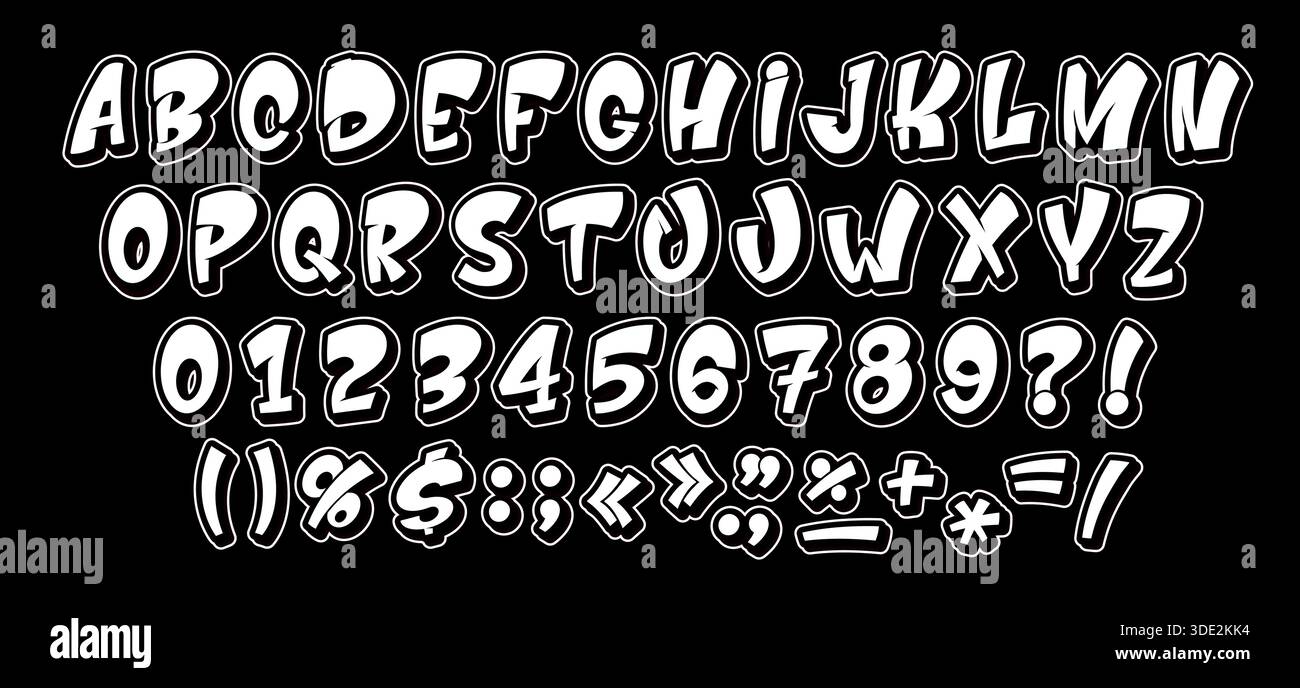 Police graffiti de dessin animé ou lettres de police urbaine Street art, alphabet anglais vectoriel. Police de dessin animé de type graffiti hip hop avec des lettres grunge ABC sur le mur en forme arrondie pour la police old School Illustration de Vecteur
