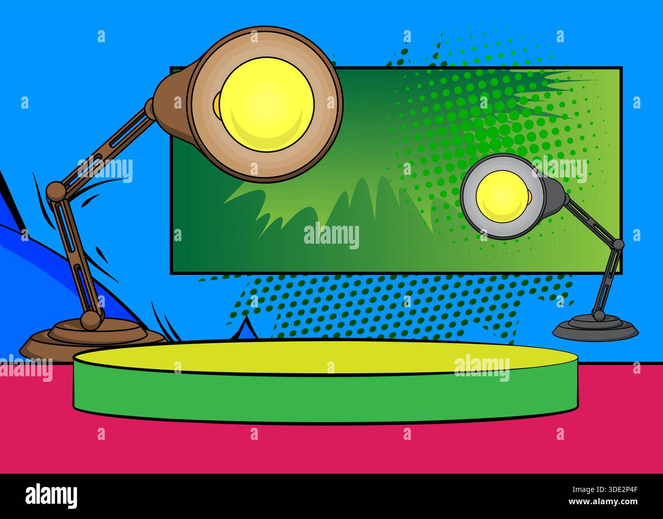 Comic Book Product scène podium pour la présentation de maquette avec lampe de bureau. Fond de bande dessinée rétro. Illustration de Vecteur