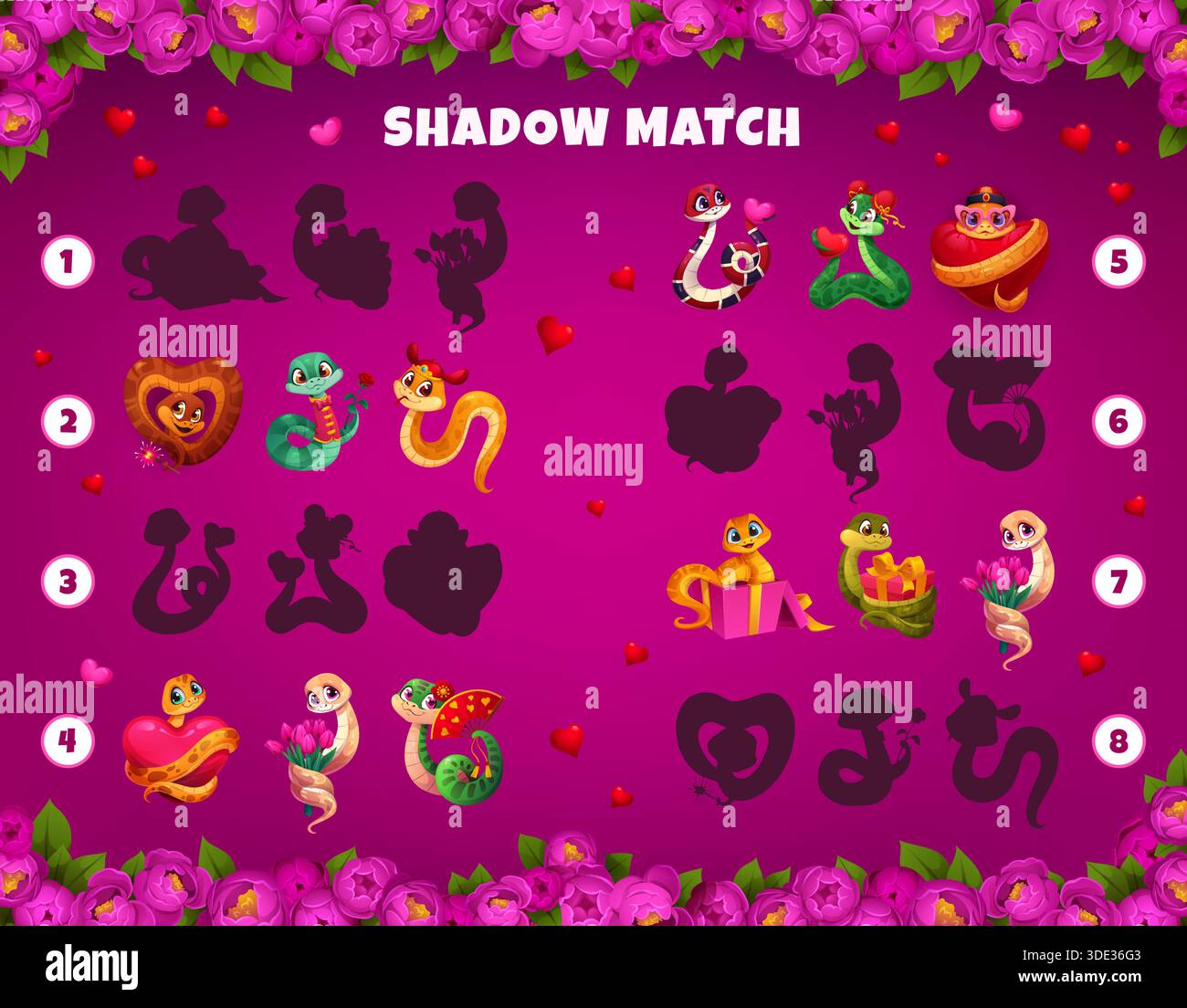 Feuille de travail de jeu Shadow match avec des serpents et des fleurs de la Saint-Valentin, quiz de puzzle vectoriel. Trouvez et associez l'ombre correcte de personnages de serpent charmants de dessin animé avec des coeurs de la Saint-Valentin, cadeau de mariage et fleurs Illustration de Vecteur