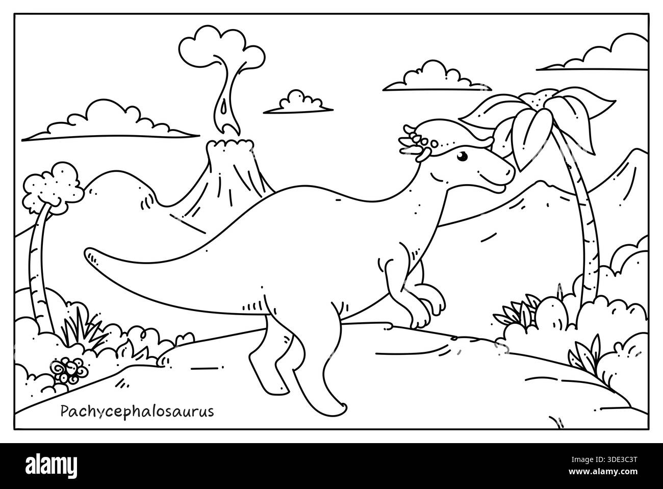 Illustration vectorielle de contour de dinosaure en noir et blanc, Pachycephalosaurus. Banque D'Images