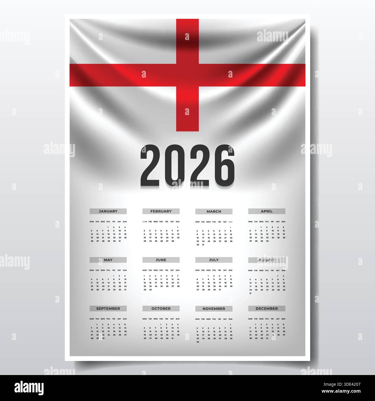 2026 conception de calendrier imprimable avec thème de drapeau de l'Angleterre, modèle de planificateur annuel Patriotic England Illustration de Vecteur