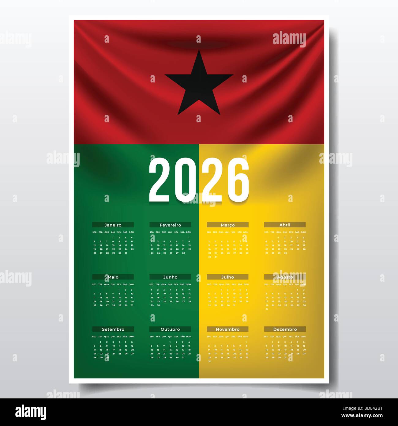 2026 conception de calendrier imprimable avec thème de drapeau de Guinée-Bissau, modèle de planificateur annuel patriotique Guinée-Bissau Illustration de Vecteur