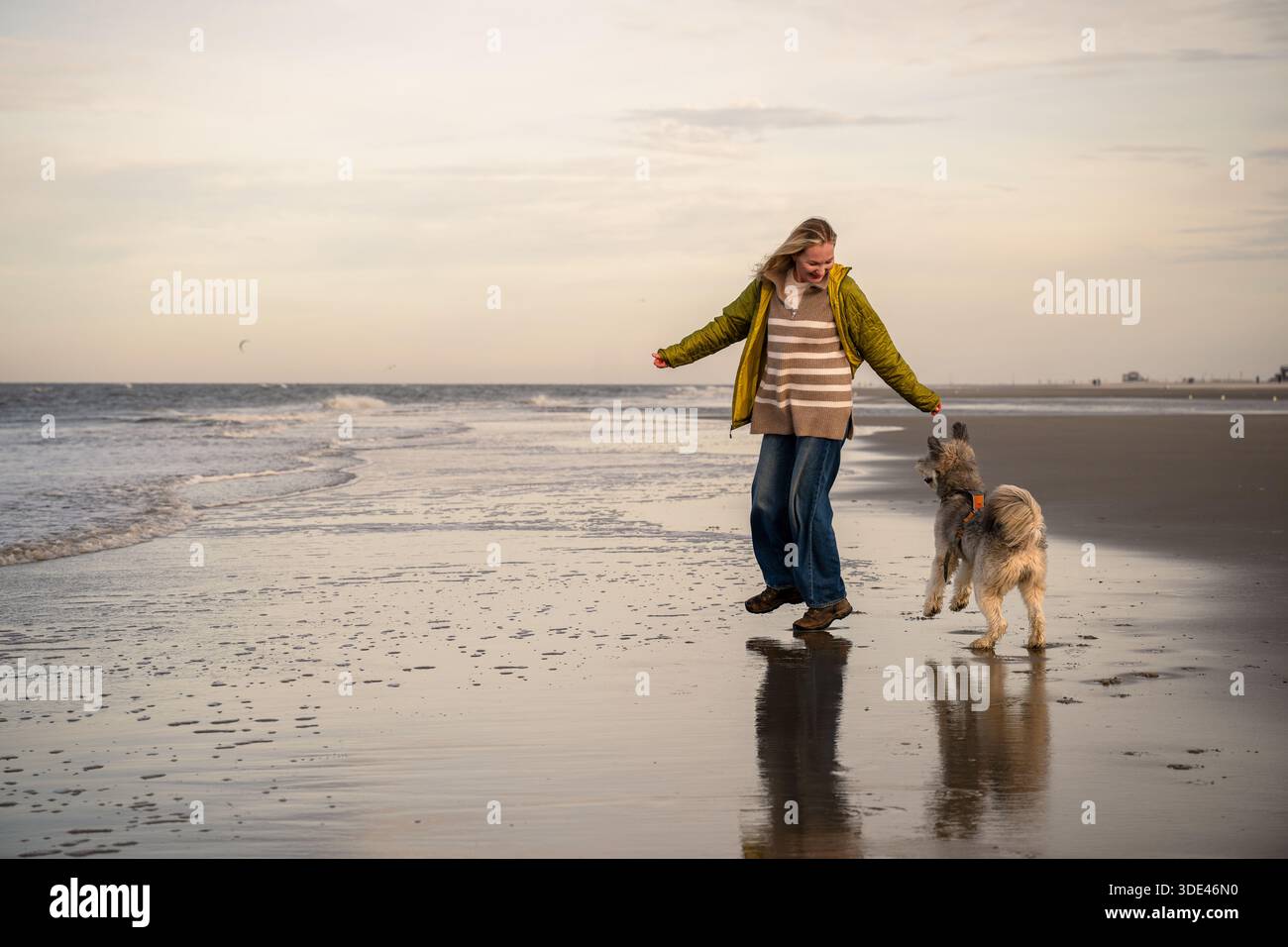 Femme courant avec un chien sur la plage vide de la mer du Nord pendant la promenade joyeuse Banque D'Images