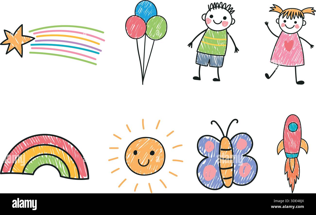 Adorable collection d'éléments colorés dessinés à la main, y compris une étoile filante, des ballons, des enfants heureux, arc-en-ciel, soleil, papillon Illustration de Vecteur