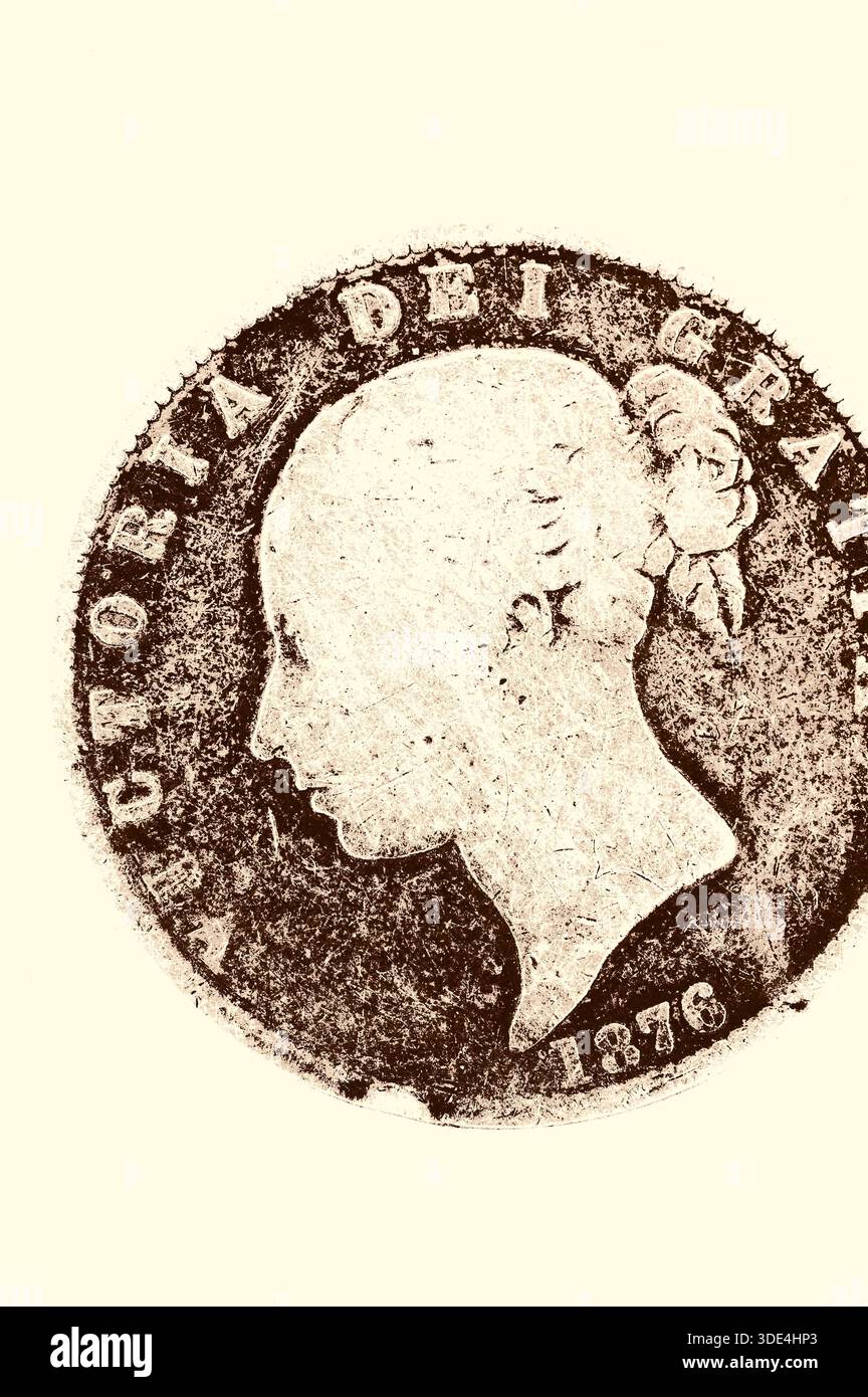 Image sépia graphique d'une demi-couronne britannique ou de deux shillings et d'une pièce de six pence datée de 1876 avec image de la reine Victoria Banque D'Images