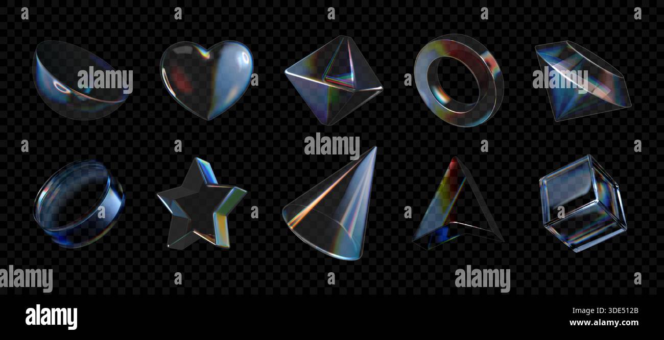 formes de verre 3d. Objets abstraits à gradient de cristal, effet prisme géométrique ou sphère holographique, figures de réflexion irisées en cube y2k. Boutons UI, étoile, coeur acrylique et diamant. Eléments vectoriels Illustration de Vecteur
