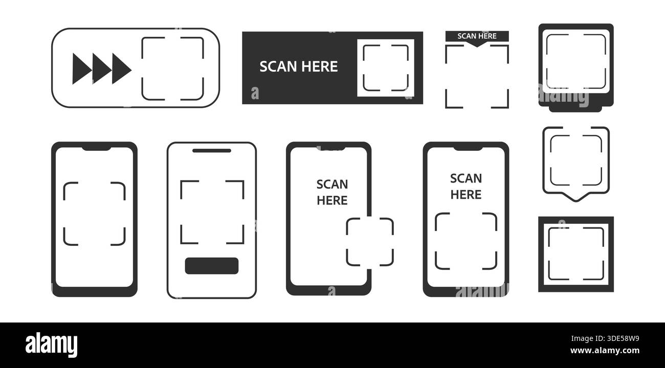 Boîte de cadre de code QR, modèle. QR code avec inscription scannez-moi avec smartphone. Icône Numériser-moi. Scannez l'icône de code qr pour le paiement, application mobile. Illustration vectorielle Illustration de Vecteur