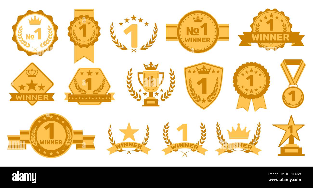 Étiquettes plates gagnantes. Décerner des badges d'or avec des rubans de tasses et des couronnes d'or, la conception de médailles, des autocollants de trophée et des emblèmes, les meilleures étiquettes de qualité supérieure Illustration de Vecteur
