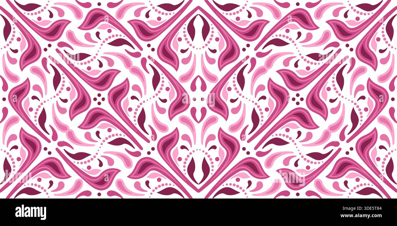 Ornement complexe de kaléidoscope. Modèle sans couture de lignes et de formes courbes. Décoration carrelée en mosaïque, style folklorique, couleurs rose rouge. Illustration de Vecteur
