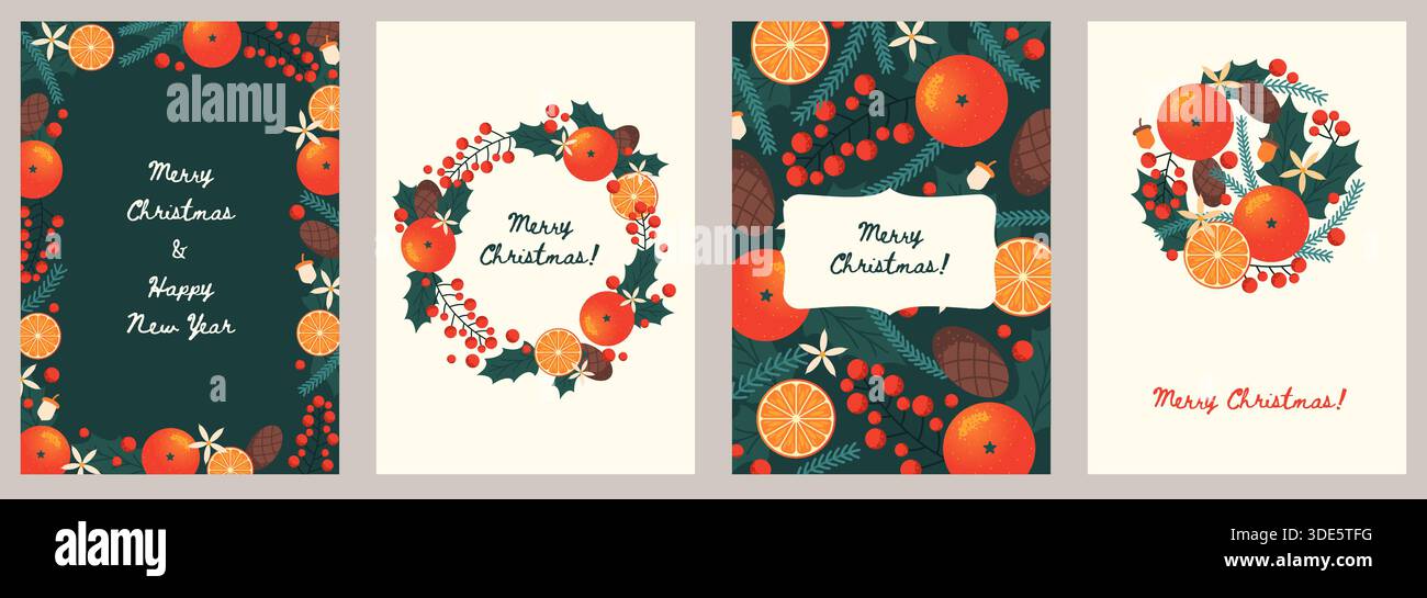 Cartes de noël mandarines. Agrumes orange frais, couronnes et cadres, esprit de vacances d'hiver, brindilles, baies et fruits décor, fond décoratif avec Illustration de Vecteur