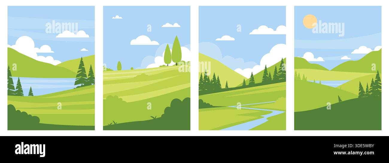 Cartes vertes d'été. Fonds naturels plats, champs de paysages naturels, collines, rivières et arbres, modèles de scène de campagne agricole Illustration de Vecteur