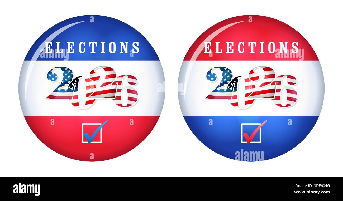 United States Congress Elections 2026 bannières rondes 3D, boutons de vote. Jeu de boutons d'épingle de support. Modèle 3D. Numéro créatif 2026 avec drapeau américain Illustration de Vecteur