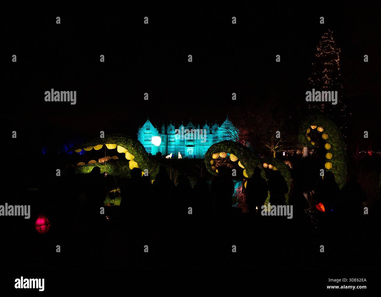Modèle de tentacules illuminé avec la maison principale derrière à Glow Wild 2026 à Wakehurst, Sussex prise la nuit Banque D'Images