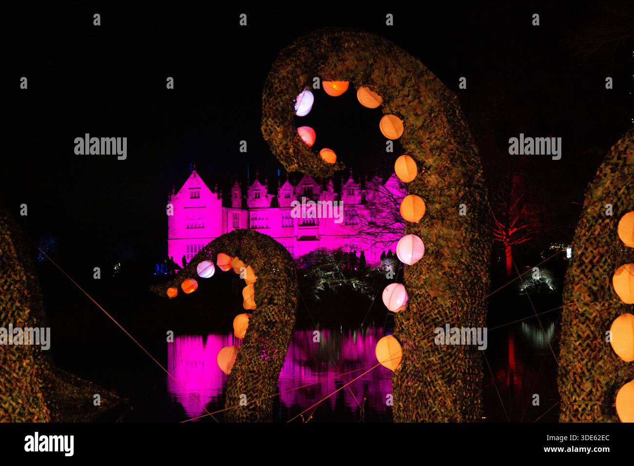 Modèle de tentacules illuminé avec la maison principale derrière à Glow Wild 2026 à Wakehurst, Sussex prise la nuit Banque D'Images