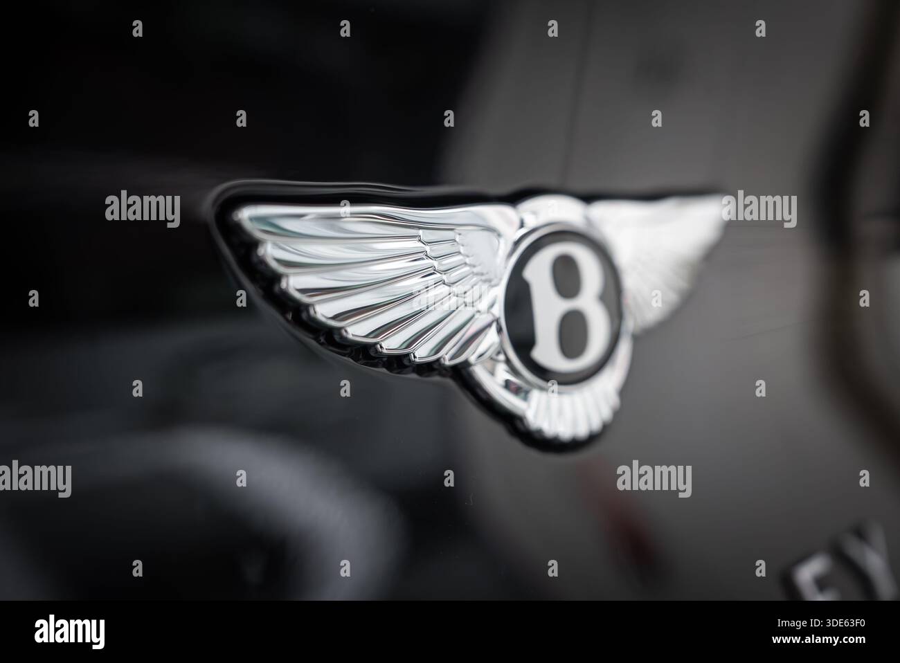 Gros plan montre l'emblème ailé Bentley B chromé sur un Bentayga Speed noir brillant. Le flou doux isole les plumes sculptées et les reflets sous showroo Banque D'Images