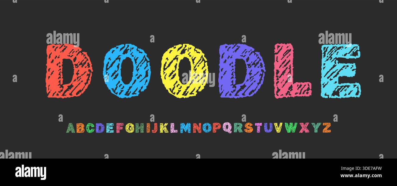 Crayon alphabet anglais. Police audacieuse et ludique avec crayon de cire et gribouillage au crayon. Police enfants. Illustration vectorielle. Illustration de Vecteur