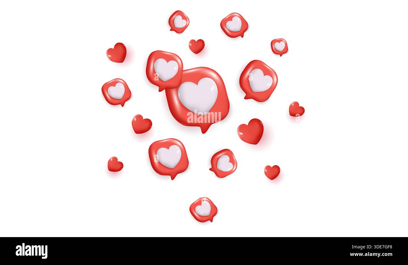 Bulle de dialogue de chat avec des coeurs 3D. icône de type médias sociaux. chat message d'amour avec des coeurs 3d mignons. saint-valentin. commentaire d'amour de l'application. réseaux sociaux. Illustration de Vecteur