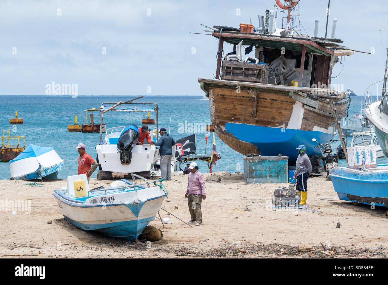 Bateaux en cale sèche en cours de réparation par des ouvriers sur la plage, avec des lions de mer des Galapagos sous les bateaux, Puerto Baquerizo Moreno, île de San Cristóbal, Gal Banque D'Images