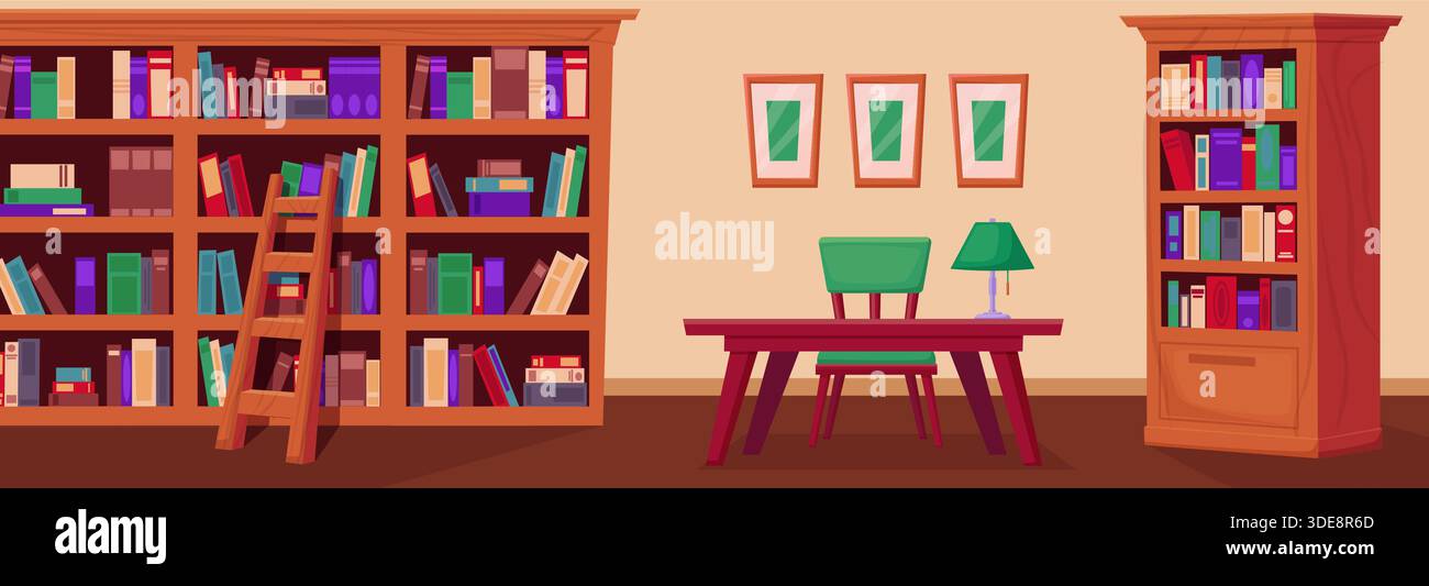 Bibliothèque scolaire de dessins animés. Lieu pour l'étude, l'examen préparer ou lire des livres. Étagères en bois, chaise et table avec lampe. Cabinet chambre de nos jours vecteur Illustration de Vecteur