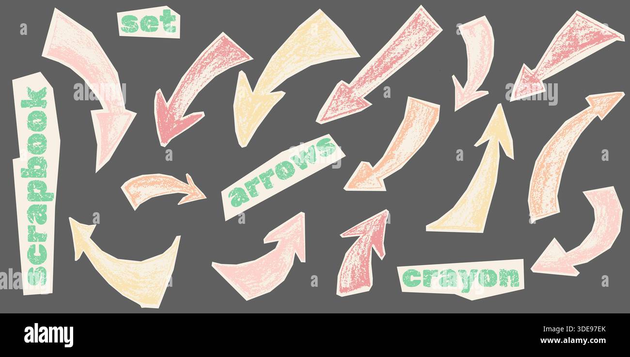 Collection crayon Arrow dans des teintes vibrantes. Esquissé à la main avec des lignes épaisses, parfait pour les mises en page de scrapbook, le travail de collage et la conception graphique ludique Illustration de Vecteur