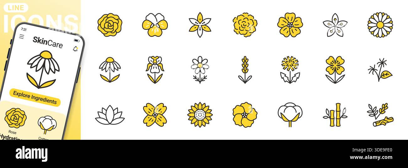 Jeu d'icônes de ligne de fleurs médicales. Rose, violette, jasmin, calendula, échinacée, iris, illustrations vectorielles de camomille. Signes de contour en duotone pour cosmétique Illustration de Vecteur