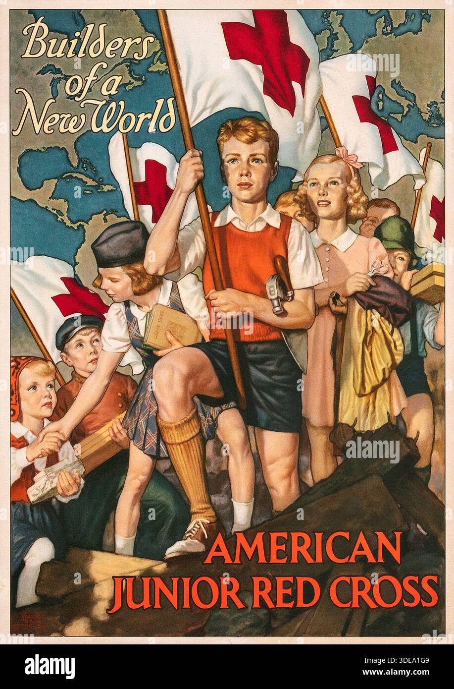 Affiche de propagande de la seconde Guerre mondiale (Croix-Rouge junior américaine, 1943) affiche de la Croix-Rouge junior américaine – « bâtisseurs d'un nouveau monde » Banque D'Images