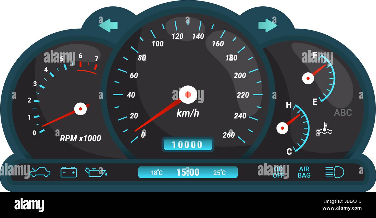 Tableau de bord de voiture. Compteur de vitesse numérique, compteur kilométrique tachymètre tableau de bord panneau lcd ui indicateur de vitesse de course indicateur de vitesse d'huile d'automobile moderne affichage de la console d'automobile kicky illustration vectorielle illustration originale Illustration de Vecteur