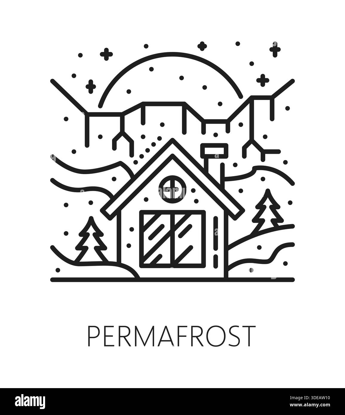 Pergélisol catastrophe naturelle, icône de ligne d'accident mondial. Icône de lineart de cataclysme naturel, symbole de vecteur de catastrophe environnementale. Pictogramme de catastrophe de pergélisol avec maison dans le paysage de montagne enneigé Illustration de Vecteur