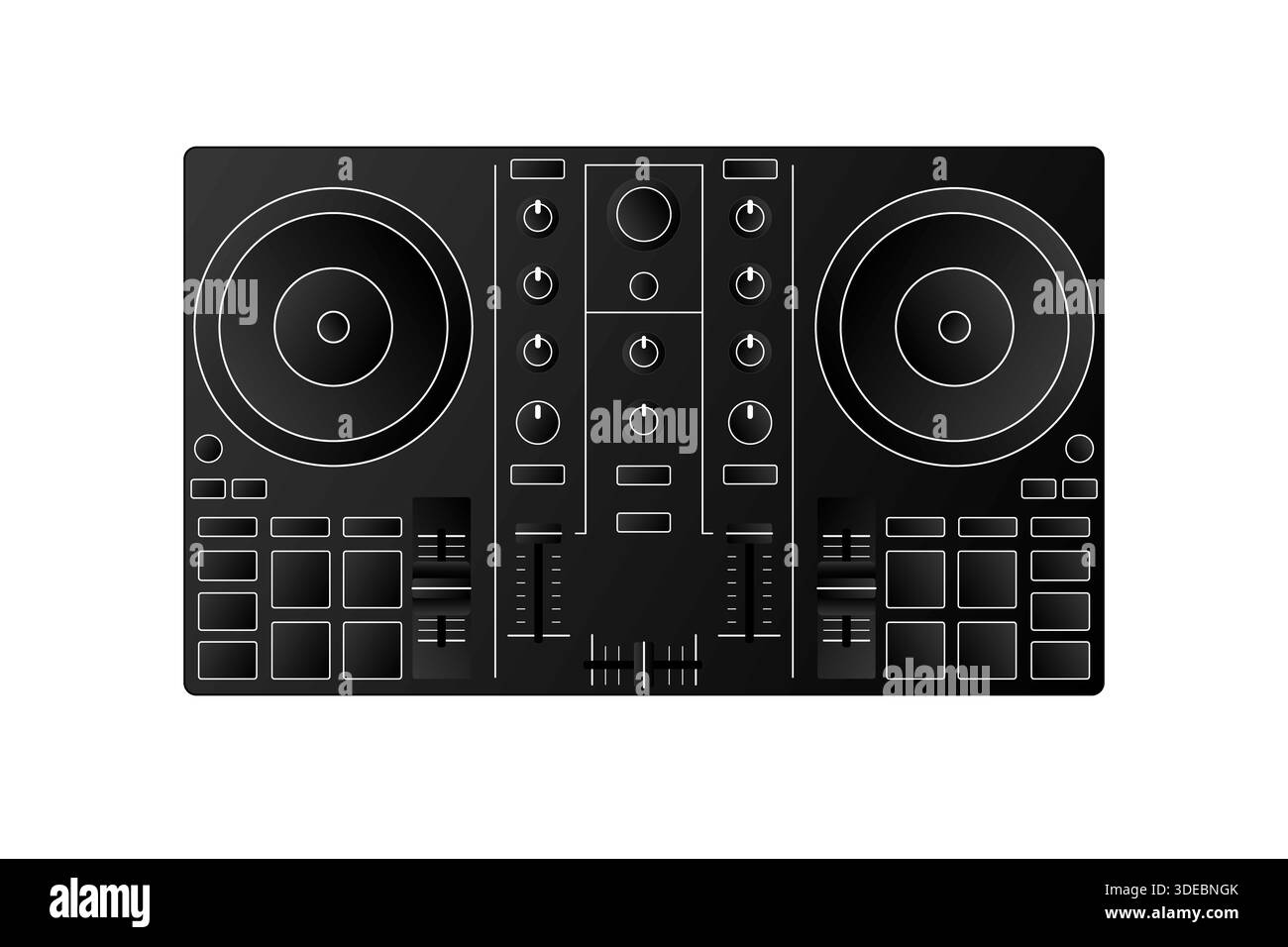 Un contrôleur DJ noir illustré dispose de deux pads, boutons élégants, faders, jog Wheels, et un design moderne sur fond blanc Banque D'Images
