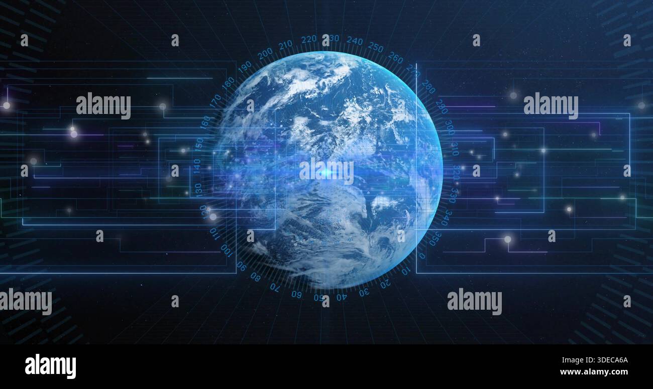 Affichage stylisé du globe terrestre tournant dans l'interface virtuelle spatiale, avec compas holographique Banque D'Images