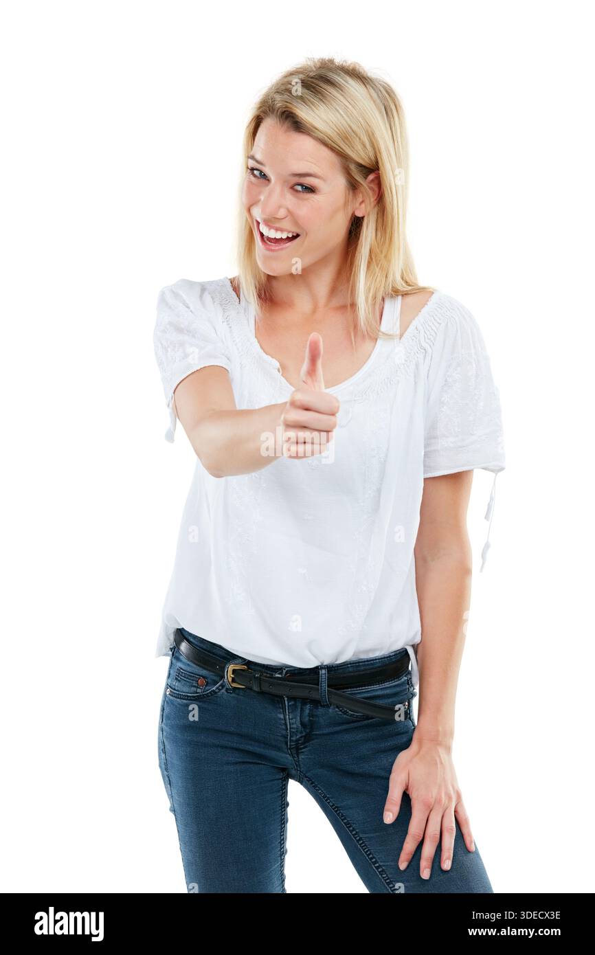 Portrait, femme heureuse et soutien en studio avec les pouces vers le haut emoji pour le succès, l'accord et l'approbation. Personne, geste de la main et comme symbole pour Banque D'Images