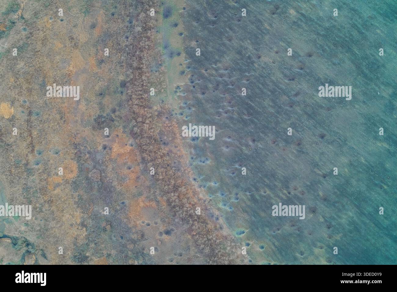 Vue aérienne de haut en bas d'un paysage de zones humides surréaliste avec un sol sarcelle et brun recouvert de nombreux petits cratères. Un arrière-plan de nature abstraite ressemblant à un terrain extraterrestre, à une texture de tissu biologique ou à des motifs de pergélisol en fusion. Banque D'Images