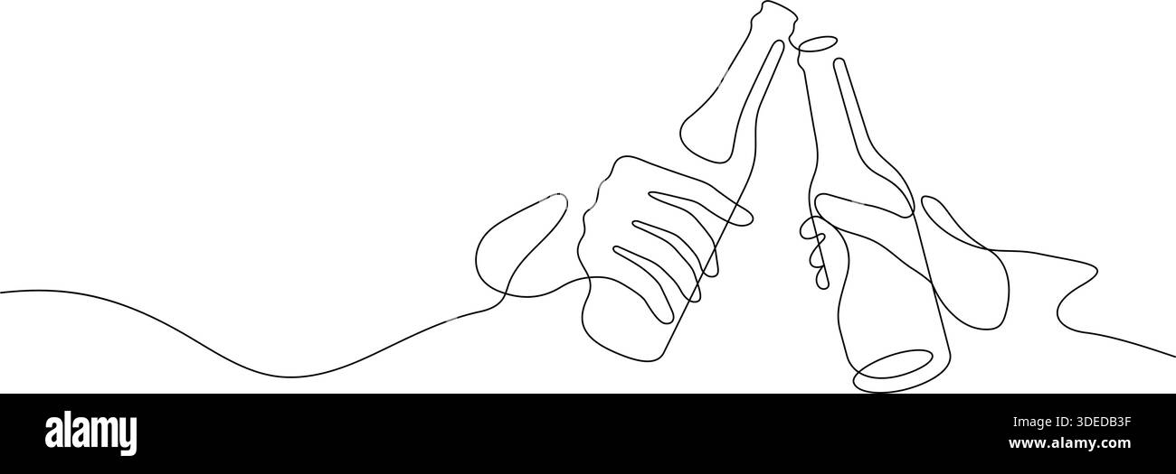 bière clinking une ligne dessinant le minimalisme continu. bouteille de bière célébrative toast mince ligne illustration espace de copie Illustration de Vecteur