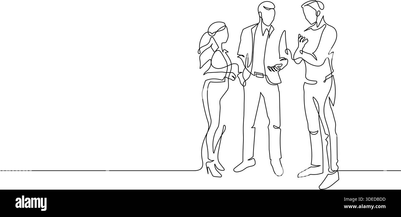 discussion de la communauté d'affaires trois personnes parlant le dessin de ligne continue. brainstorming et travail d'équipe partenaire esquisse de contour dessinée à la main ligne mince ill Illustration de Vecteur