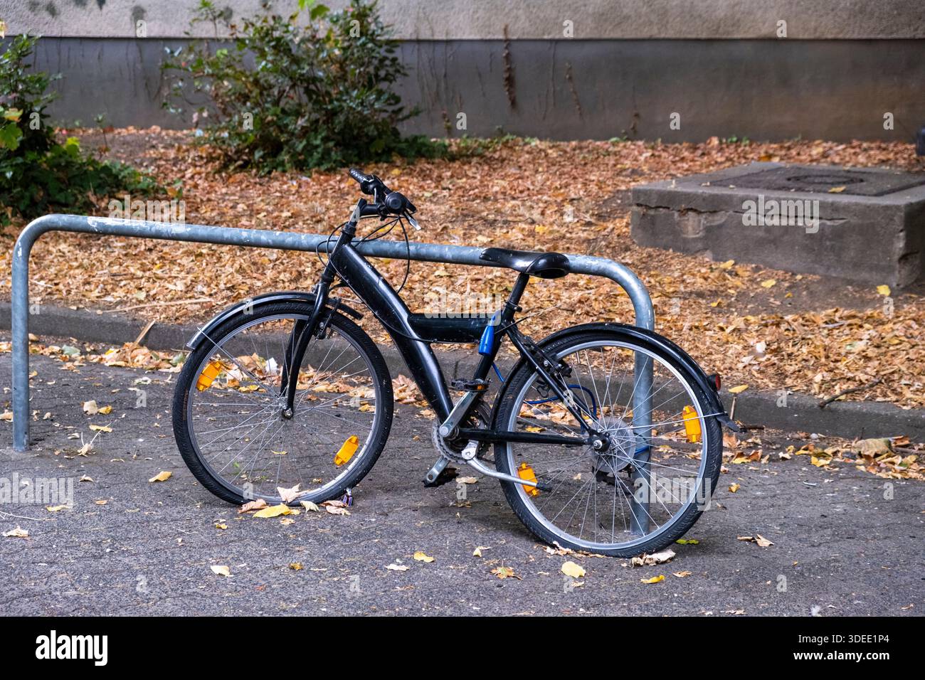 Un vélo stationné le long d'un canal avec des feuilles d'automne sur le sol, une scène typique de la ville hollandaise Banque D'Images