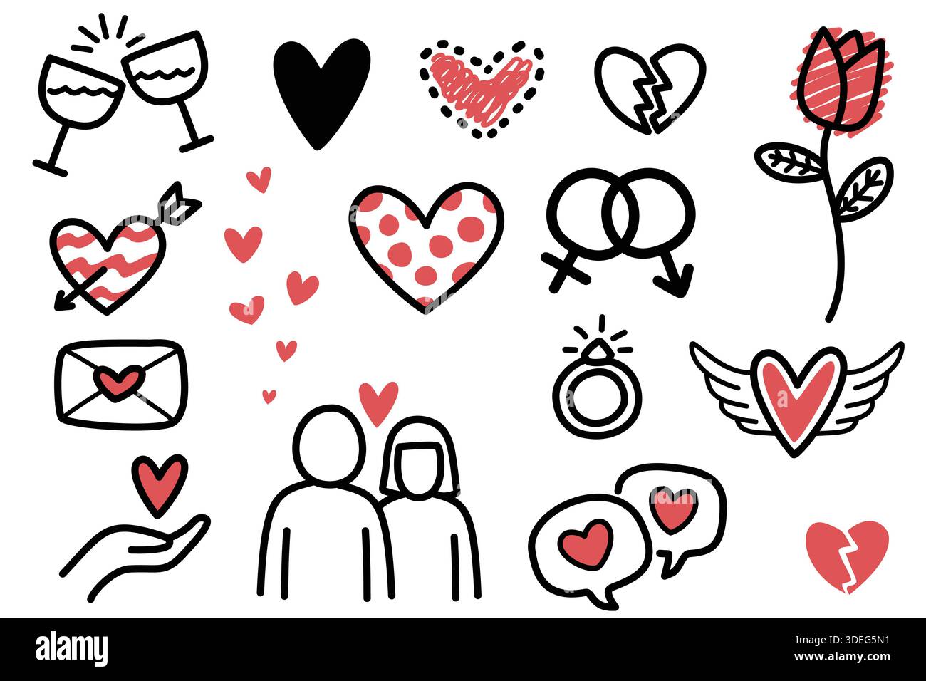 L'amour et la romance dessinés à la main griffonnent des éléments en noir et rouge Illustration de Vecteur