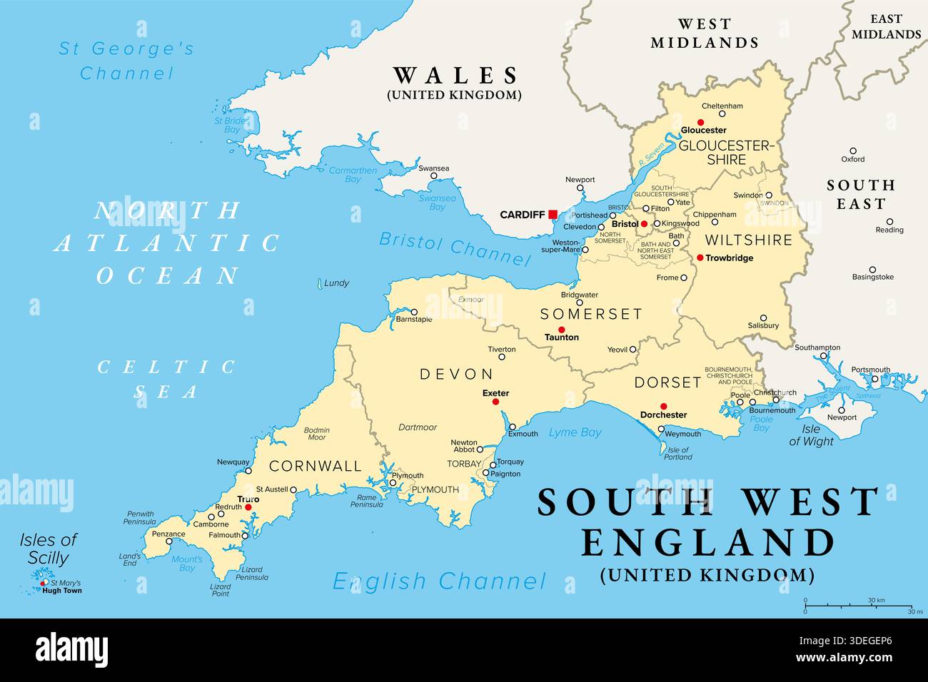 Sud-Ouest de l'Angleterre, carte politique. Région du Royaume-Uni, composée de Cornwall, Dorset, Devon, Bristol, Gloucestershire, Somerset et Wiltshire. Banque D'Images