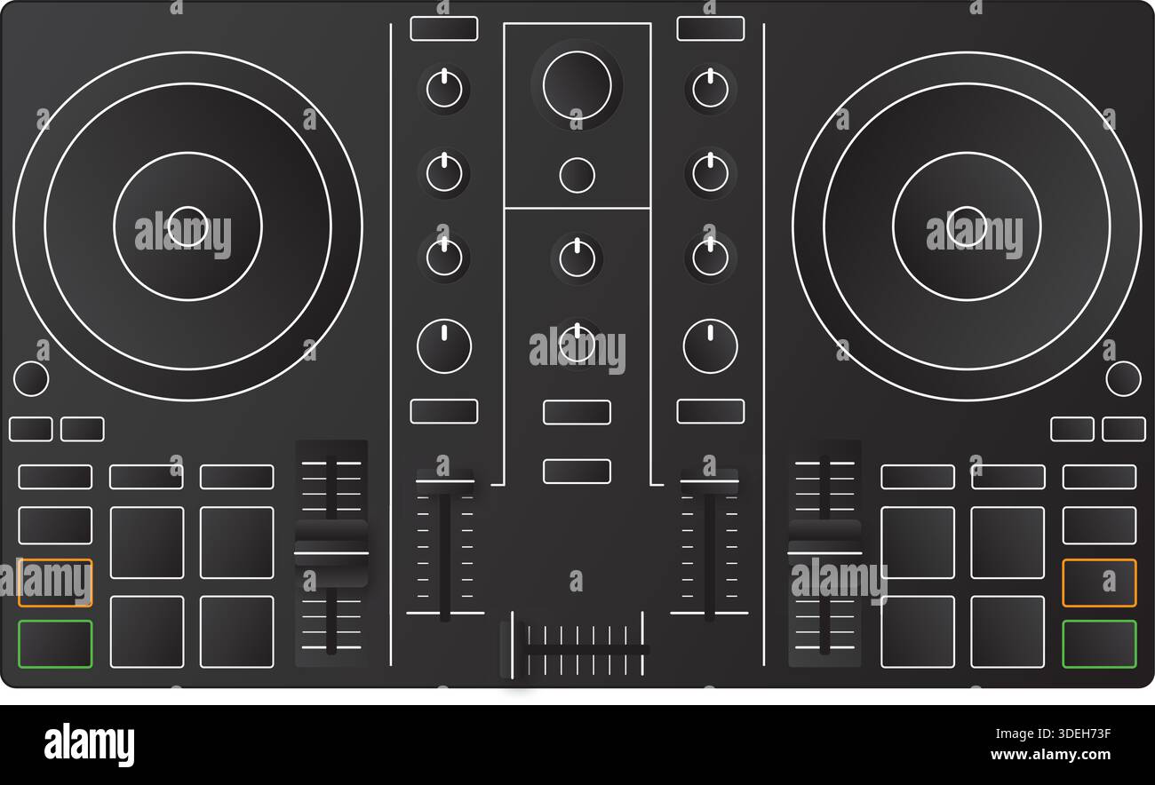 Un contrôleur DJ noir illustré dispose de deux pads, boutons élégants, faders, jog Wheels, et un design moderne sur fond blanc Illustration de Vecteur