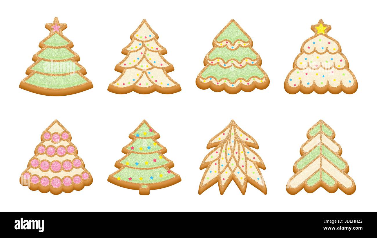 Ensemble de biscuits en pain d'épices en sapin de Noël avec glaçage coloré, saupoudrées et glaçage au sucre. Illustrations de boulangerie de fêtes pour cartes de Noël, décorations d'emballage. Illustration vectorielle Illustration de Vecteur